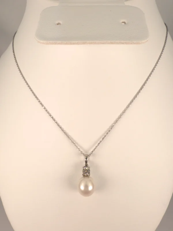 Pearl with Cubic Zirconia Pendant in Sterling Silver Chain - Image 2